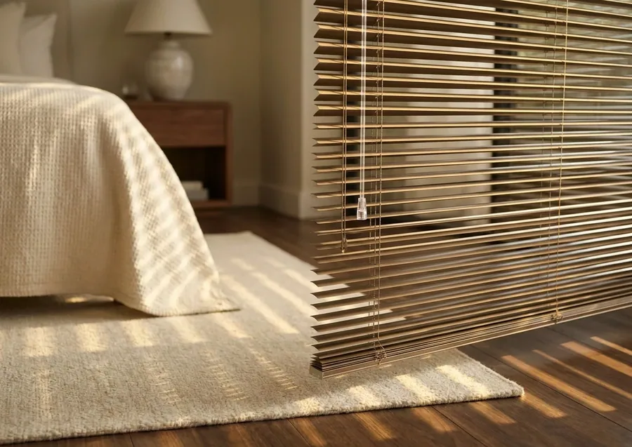 An aluminium venetian blind, its horizontal slats tilted against low afternoon sun in a bedroom