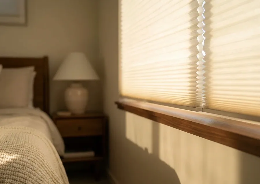 A cellular honeycomb blind with its air-cell fabric lit from behind by afternoon sun