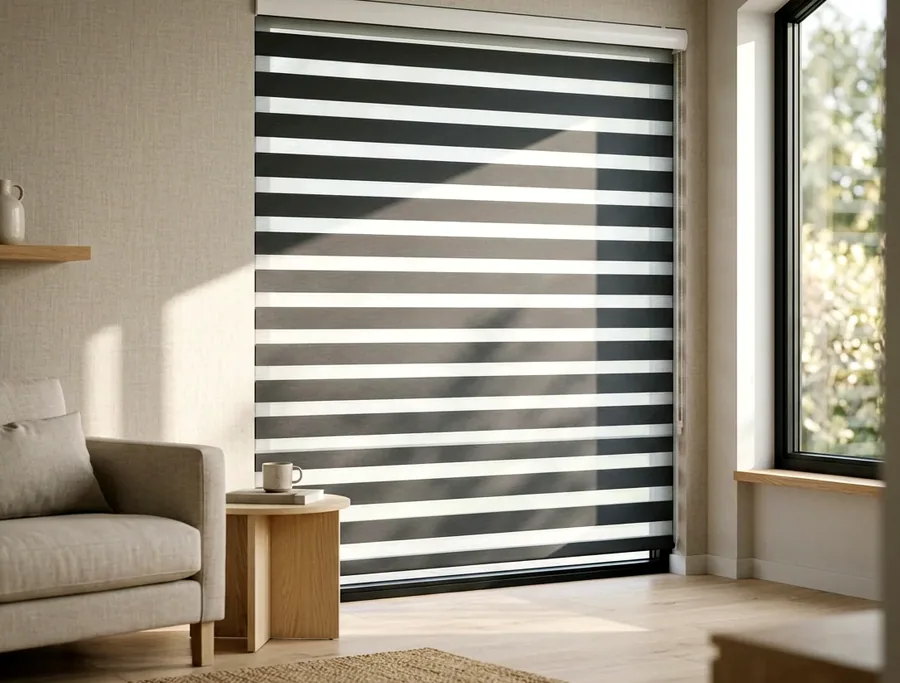 A day and night blind with alternating sheer and solid bands across a living-room window