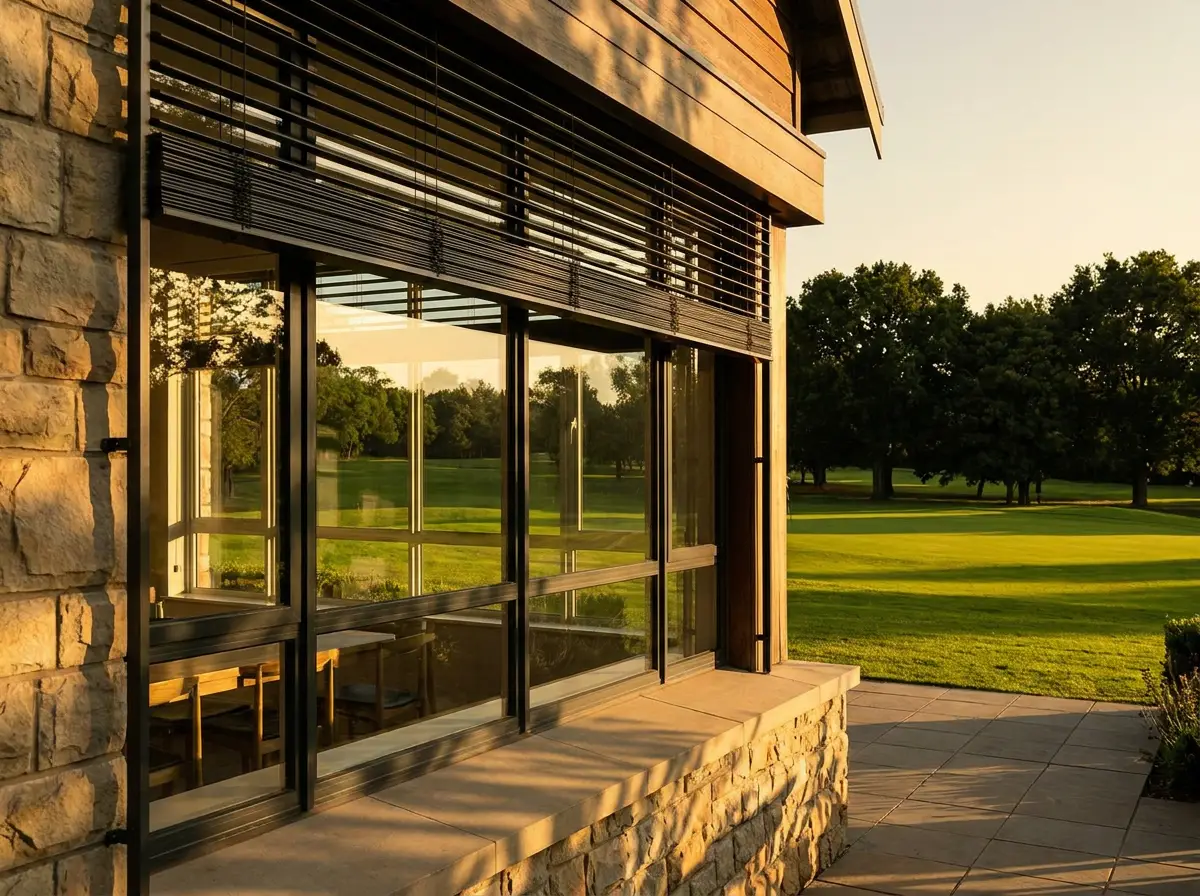 External venetian blind slats mounted outside a kitchen window, partially raised to reveal a manicured fairway framed by trees