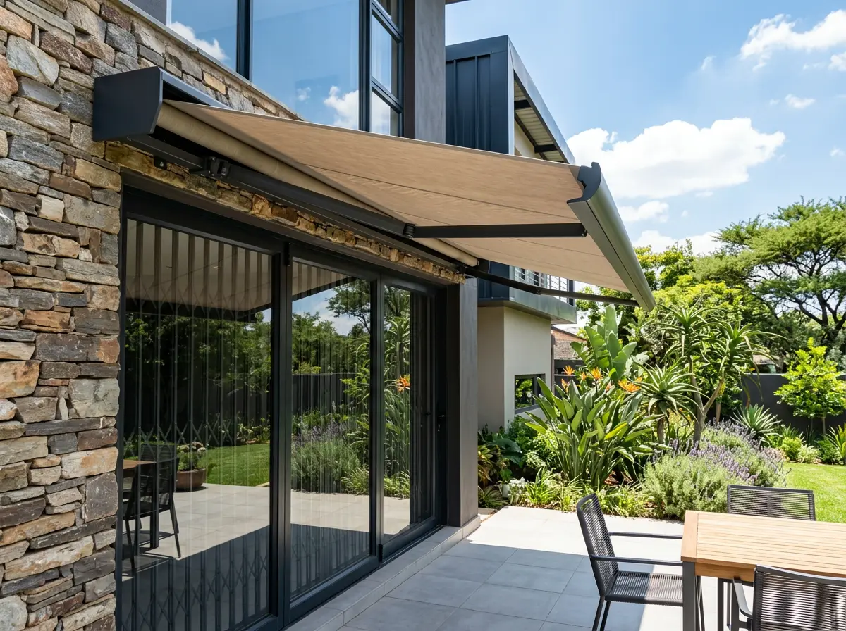 A motorised folding-arm awning retracting into its cassette above a patio door, fabric arm visible mid-fold