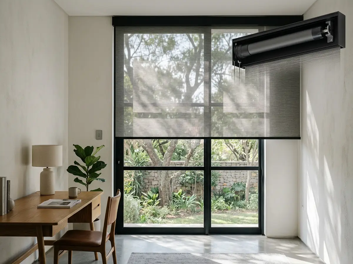 A motorised sunscreen roller blind partway down a tall study window, quiet tubular motor visible at the headrail
