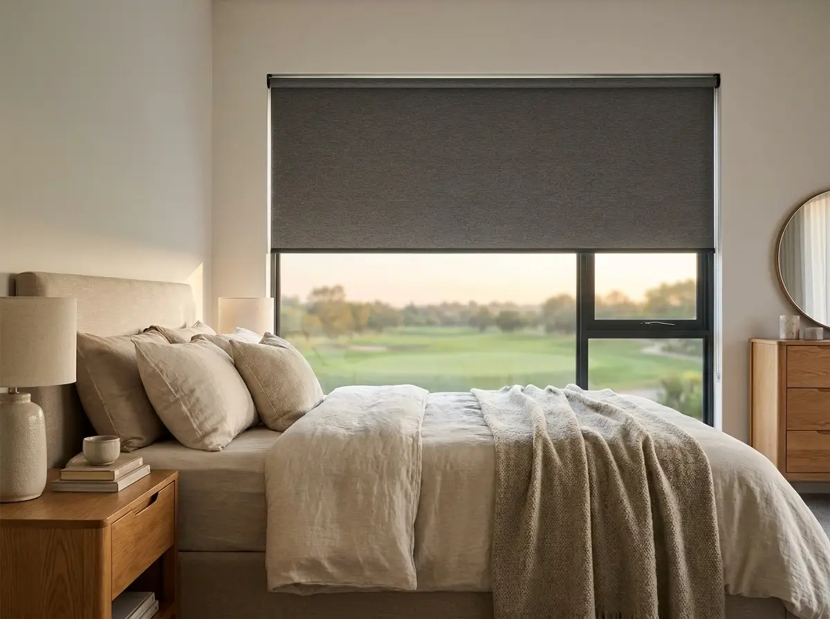 A blockout roller blind lowered over a main-bedroom window, soft charcoal-grey fabric with warm wood furniture in the foreground