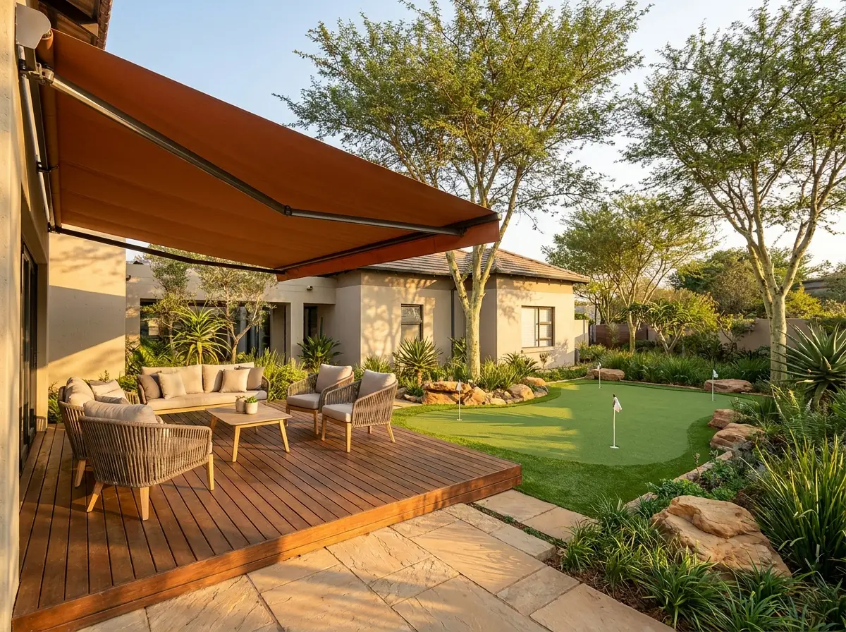 A folding-arm awning shading a raised entertainment deck beside a putting green, warm terracotta-toned fabric