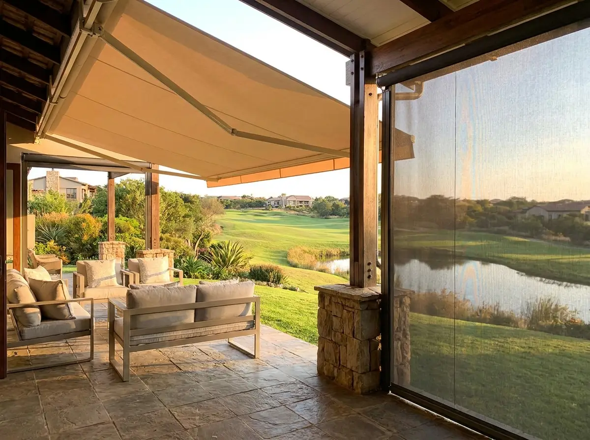 Outdoor awning shading a patio overlooking the River Club golf estate fairway