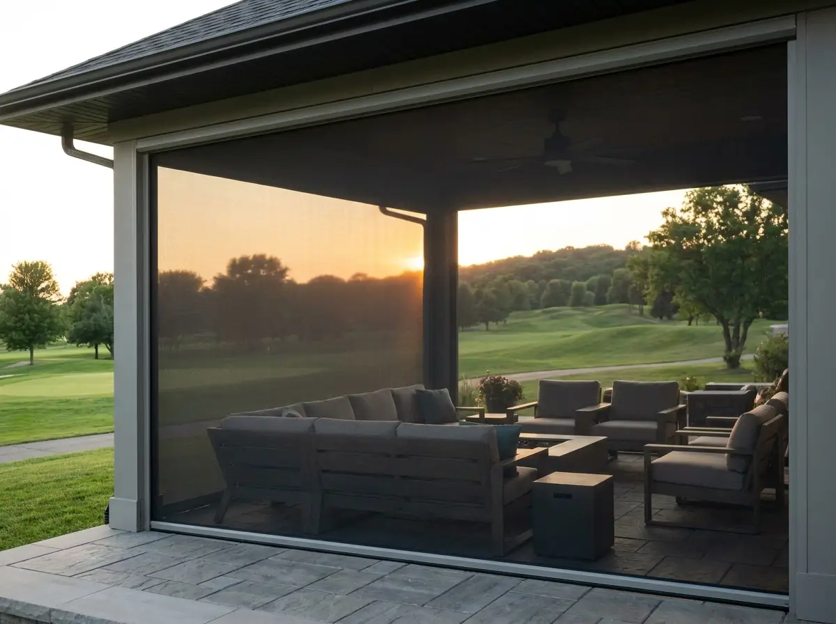 A zip screen fully lowered in aluminium side channels enclosing a covered patio lounge, taut charcoal mesh with a soft golf-course view still visible through it